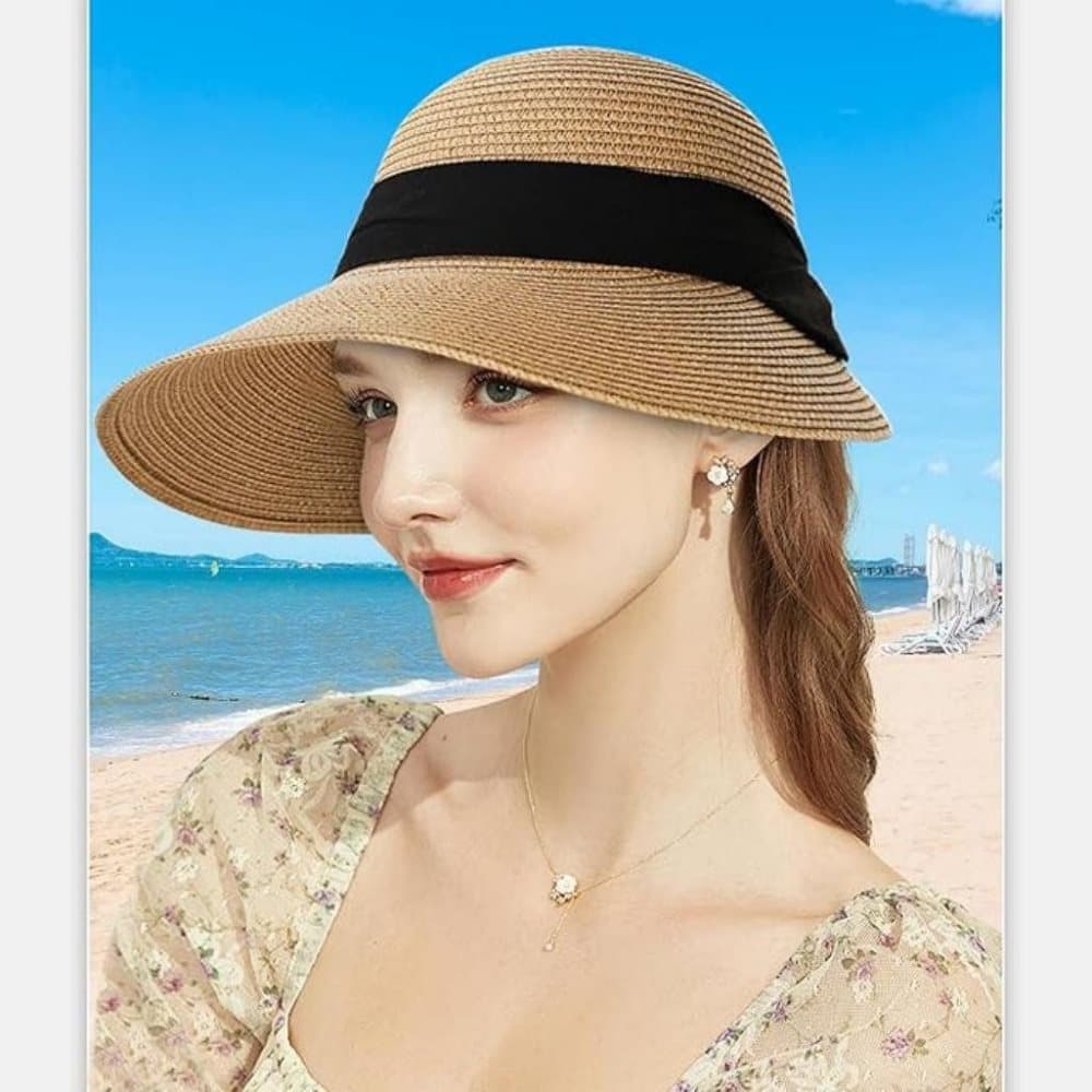 UV Protective Straw Beach Hat Wide Brim Foldable Breathable Summer Outdoor, Brown - Image 4