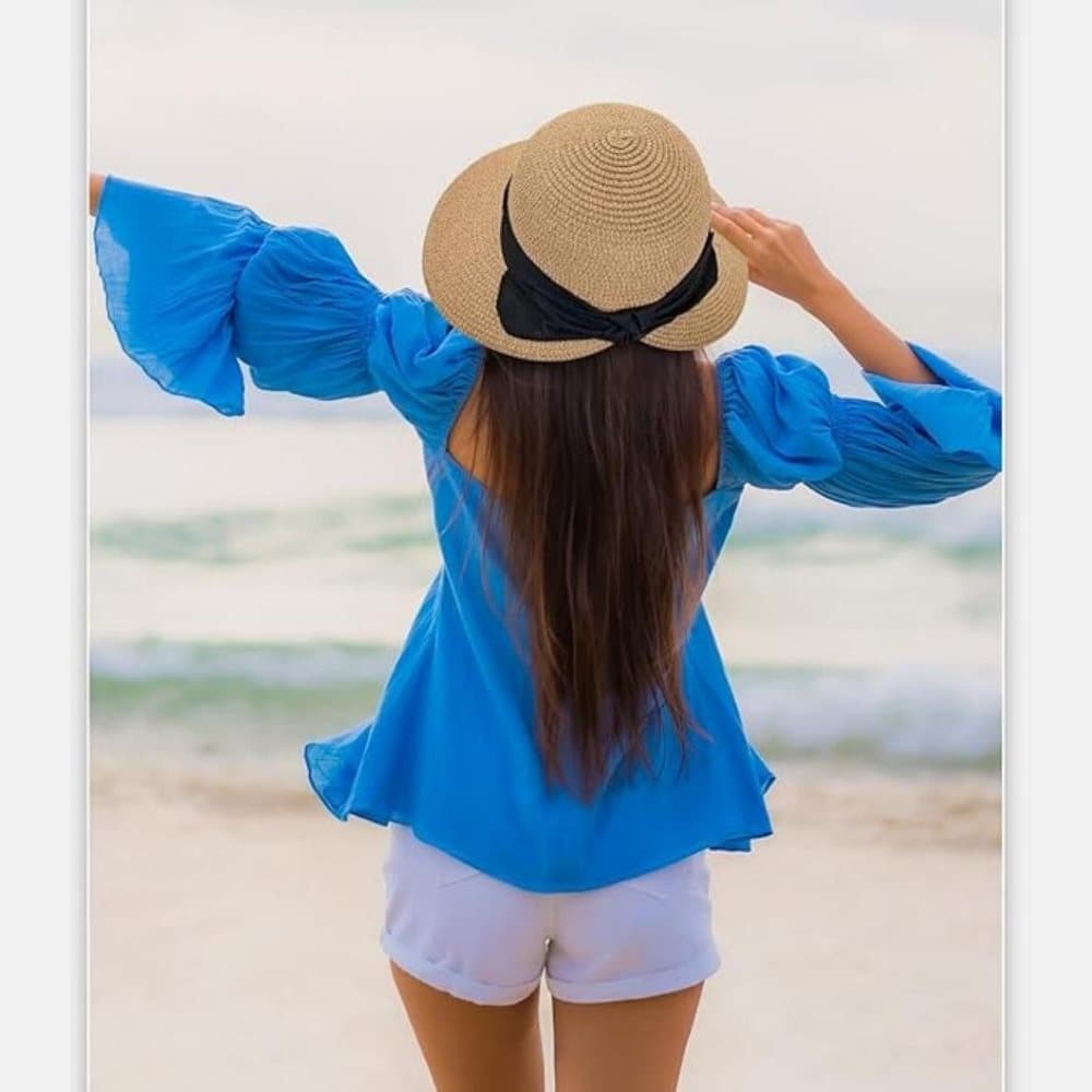 UV Protective Straw Beach Hat Wide Brim Foldable Breathable for Summer Outdoor, White - Image 5