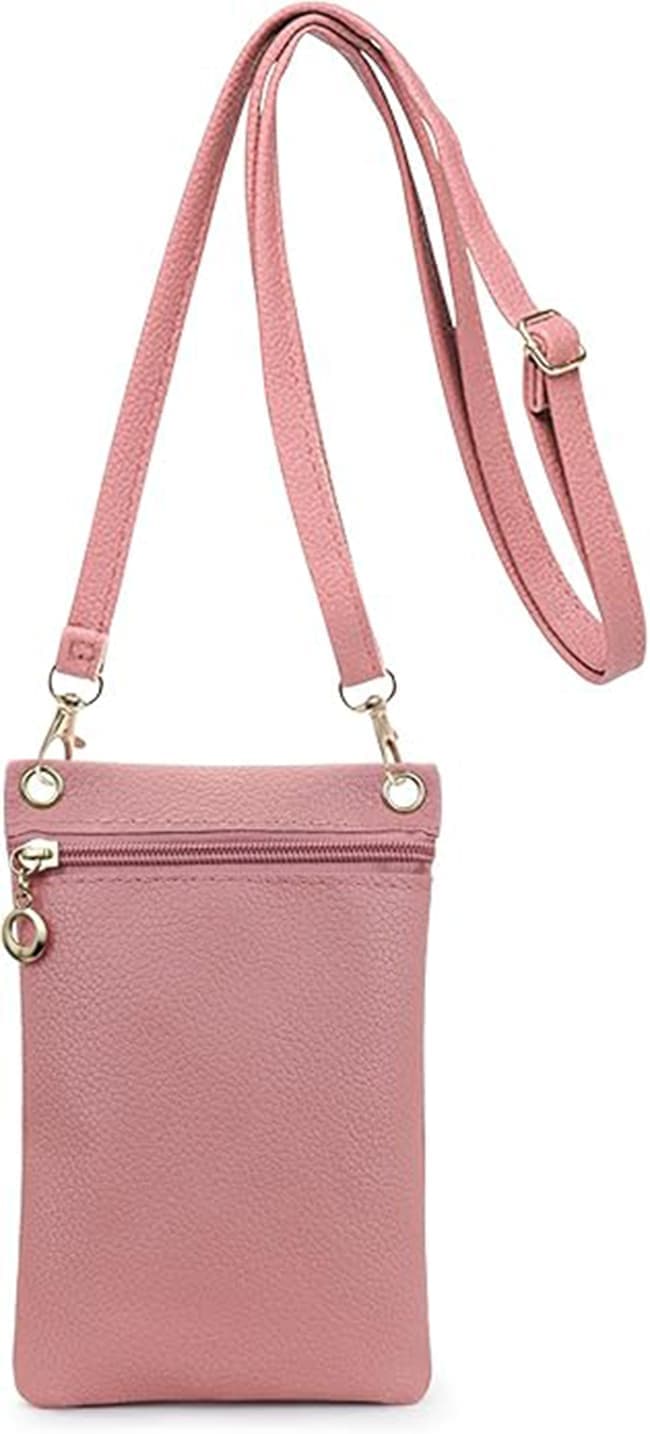 Pink Lychee Texture Phone Bag with Shoulder Strap, 19cm x 12.5cm - Image 1