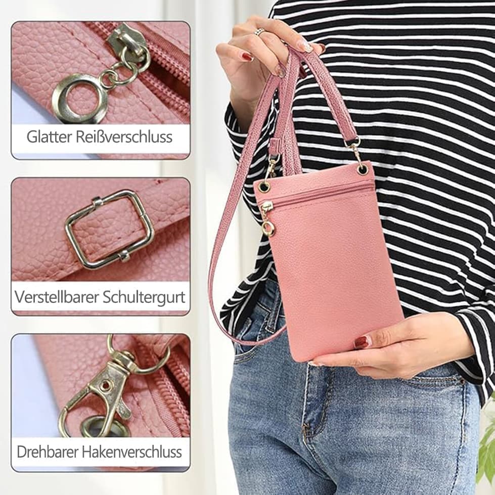 Pink Lychee Texture Phone Bag with Shoulder Strap, 19cm x 12.5cm - Image 2