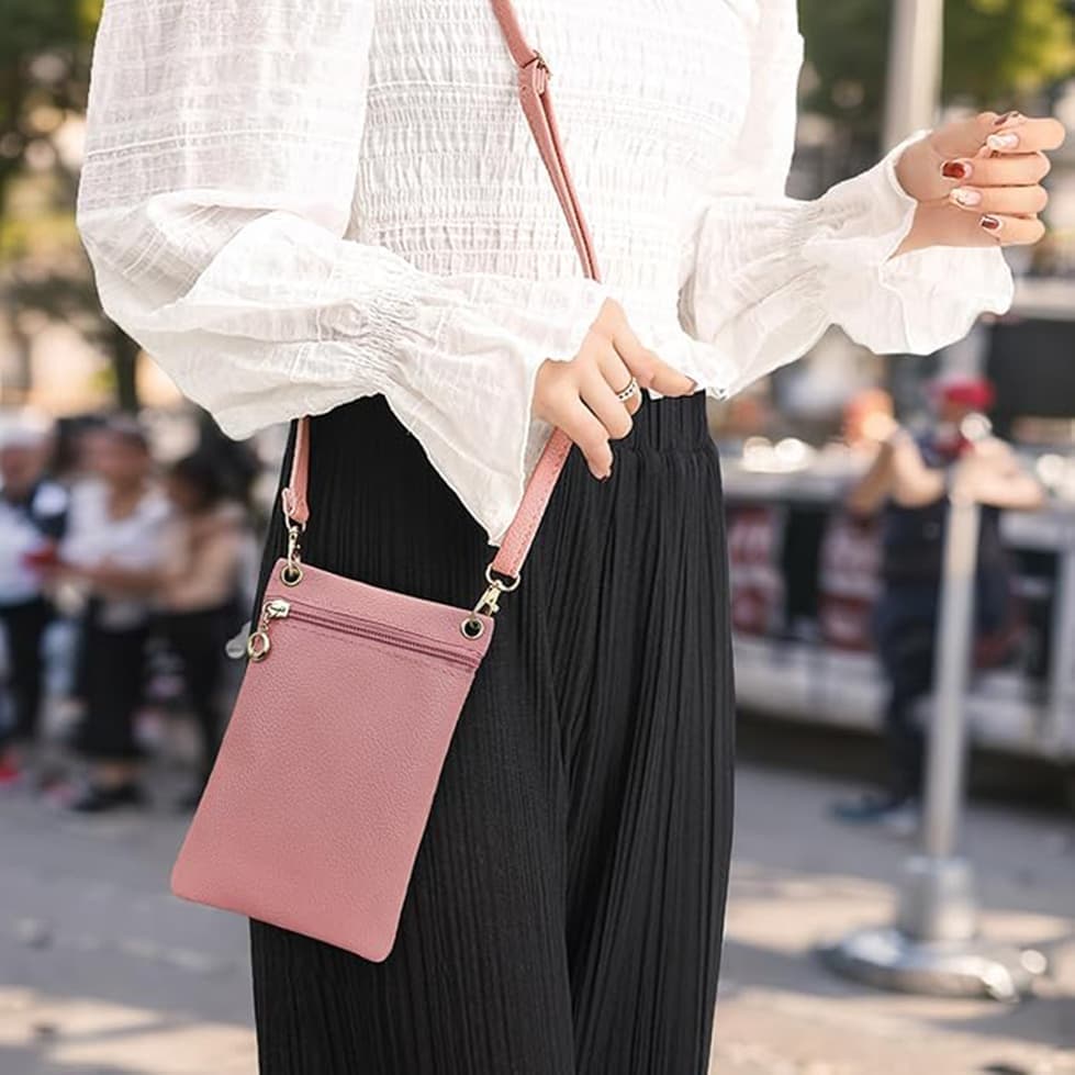Pink Lychee Texture Phone Bag with Shoulder Strap, 19cm x 12.5cm - Image 5