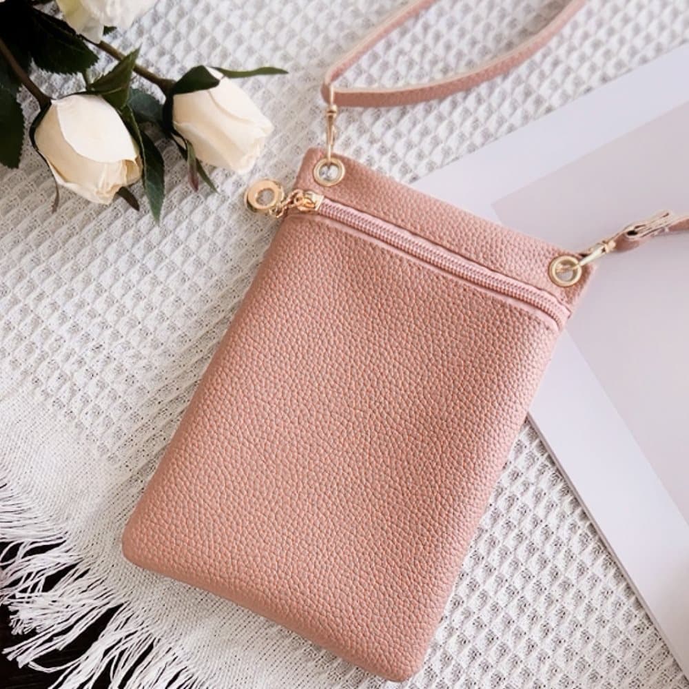 Pink Lychee Texture Phone Bag with Shoulder Strap, 19cm x 12.5cm - Image 7