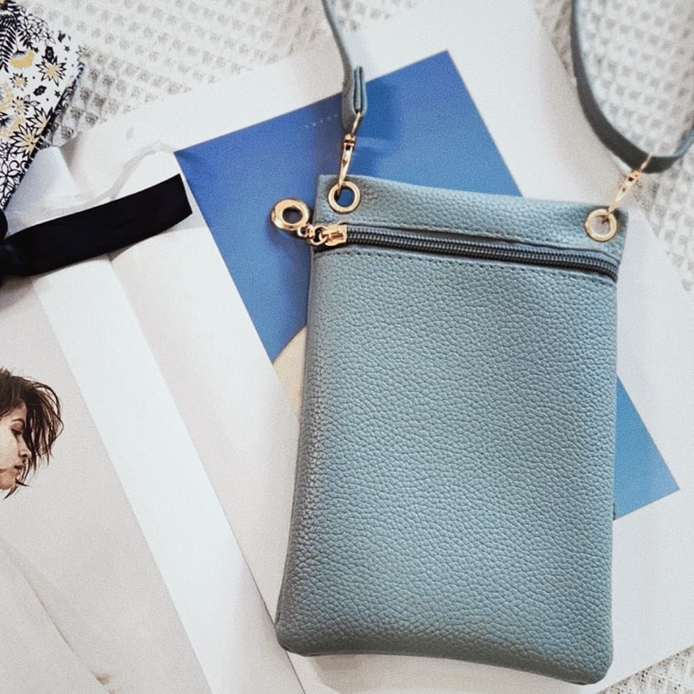 1 Lychee Texture Phone Bag with Shoulder Strap, 19cm x 12.5cm, Blue - Image 2
