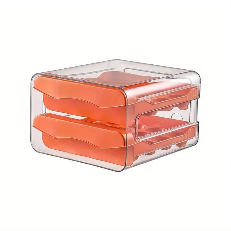 32-pcs XL Egg Storage Container, Transparent Double Layer Egg Holder for Refrigerator, Egg Dispenser, Stacks, Orange - Image 1