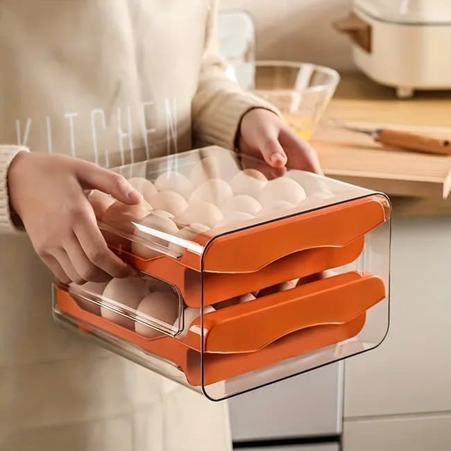32-pcs XL Egg Storage Container, Transparent Double Layer Egg Holder for Refrigerator, Egg Dispenser, Stacks, Orange - Image 5