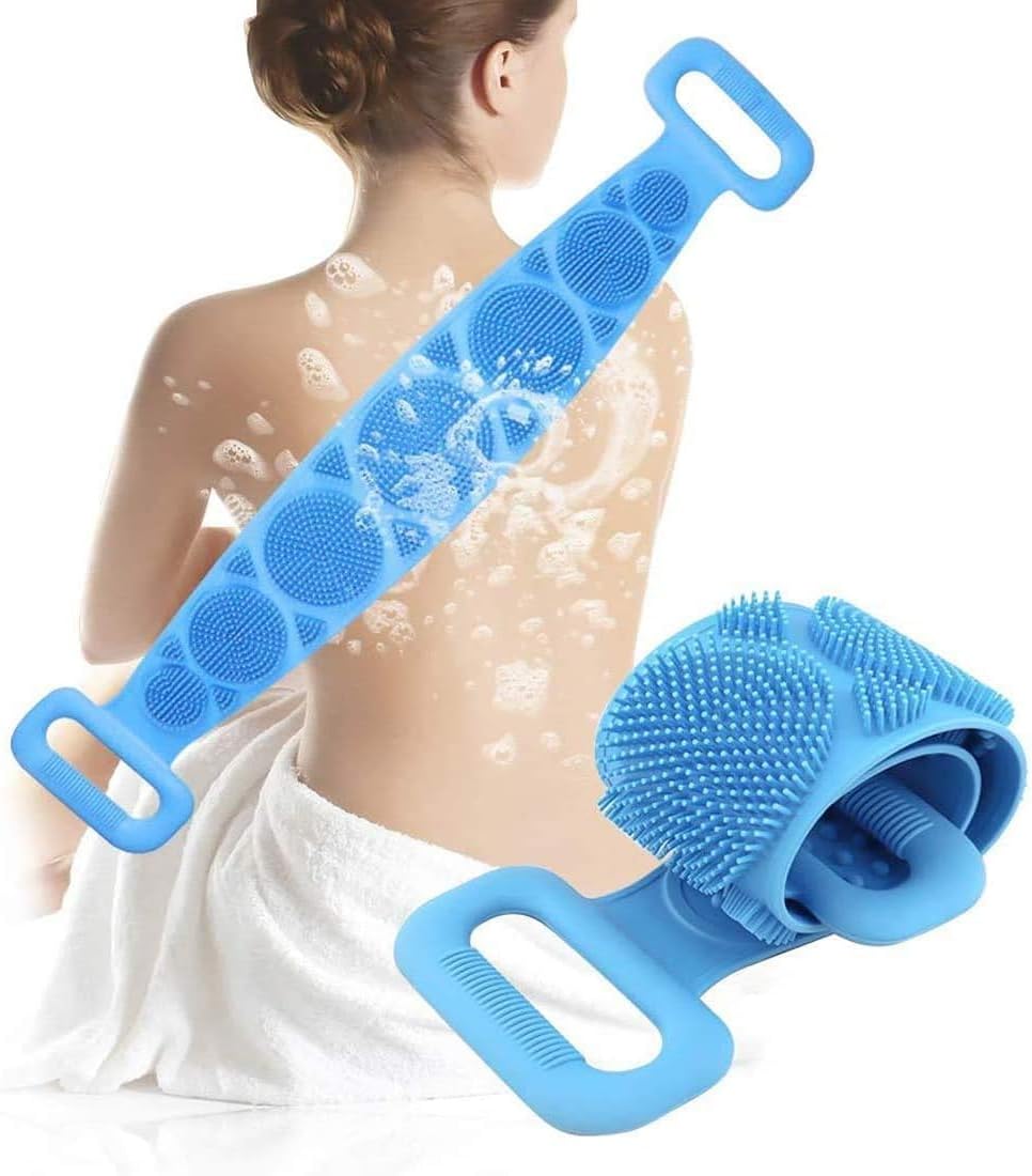 Silicone Body Brush Back Scrubber for Women and Men, Soft Exfoliating Bath Shower Brush with Massage Particles, Blue - Image 1