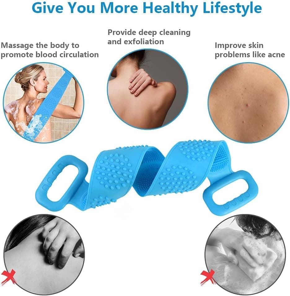 Silicone Body Brush Back Scrubber for Women and Men, Soft Exfoliating Bath Shower Brush with Massage Particles, Blue - Image 5