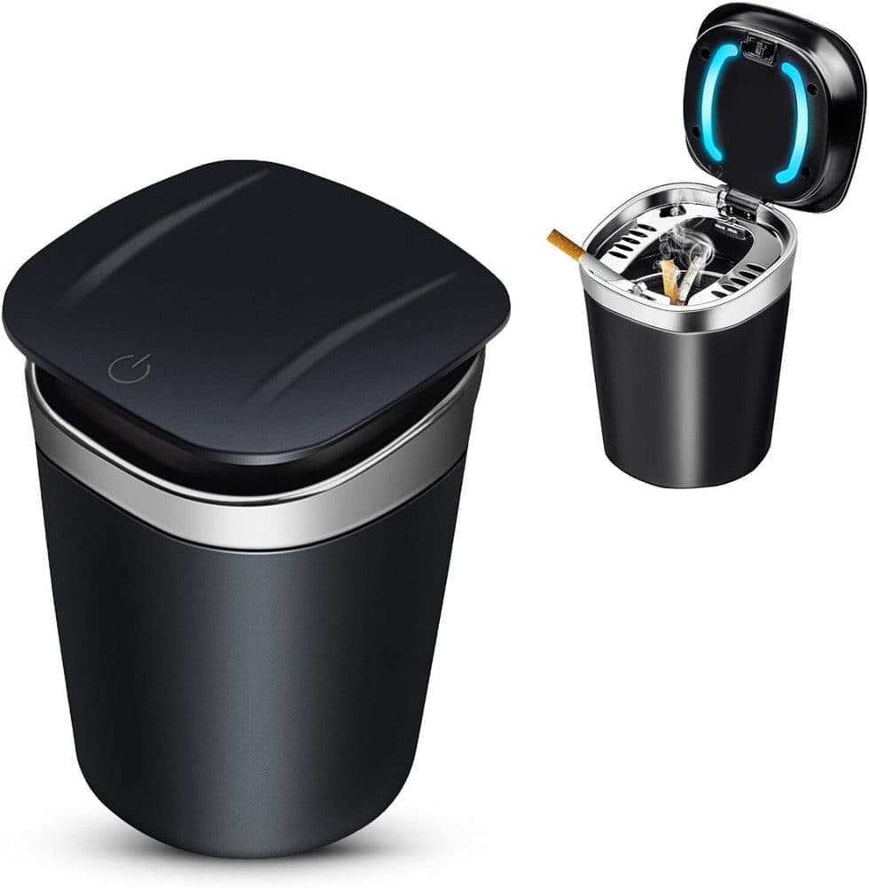 Portable Car Ashtray with Lid, Odorless Automatic Extinguishing & LED Light, Silver - Image 1