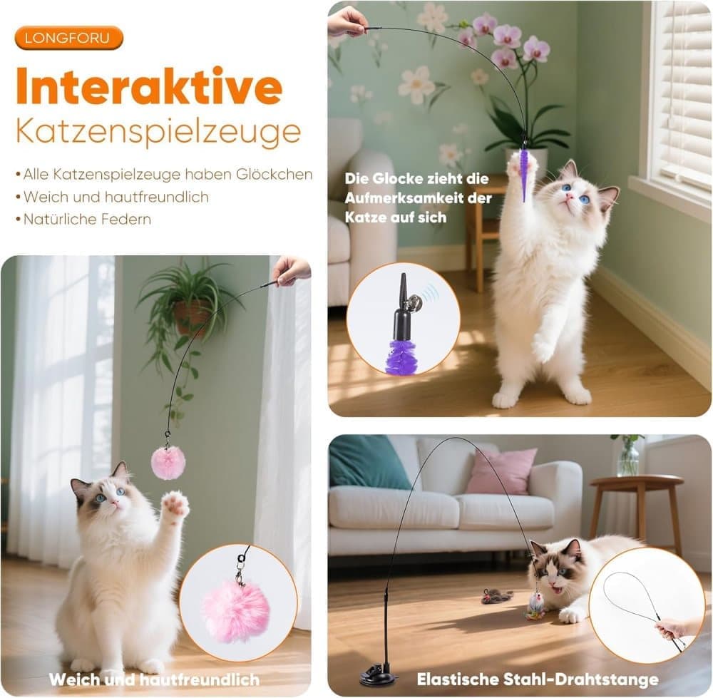 17 Pieces Cat Toy, Interactive Self-Feeding Fishing Toy with Suction Cup - Image 2