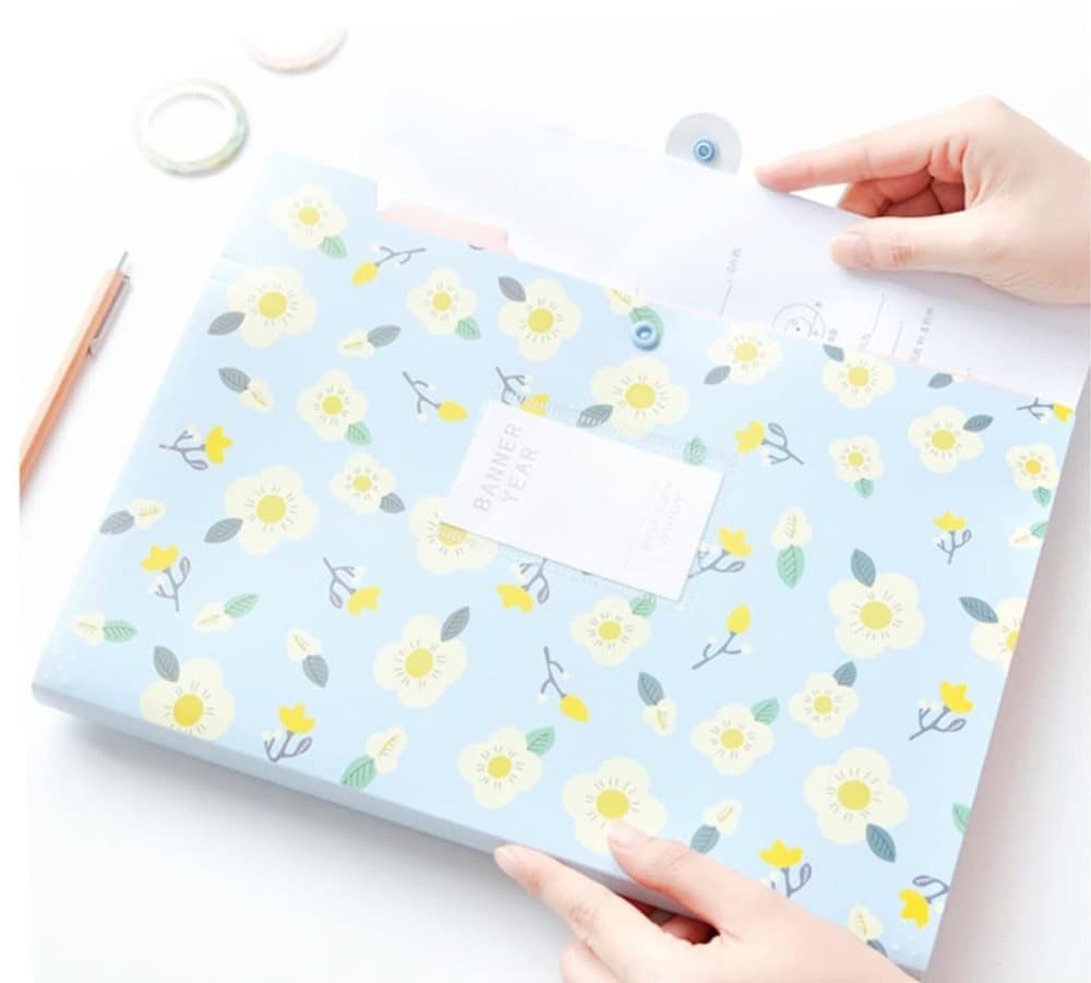 8 Compartments A4 Document Folder Waterproof Floral Pattern, with A4 Size, Yellow - Image 3