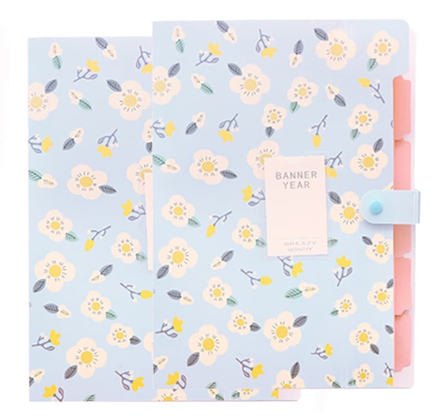 8 Compartments A4 Document Folder Waterproof Floral Pattern, Blue, with A4 Size - Image 1