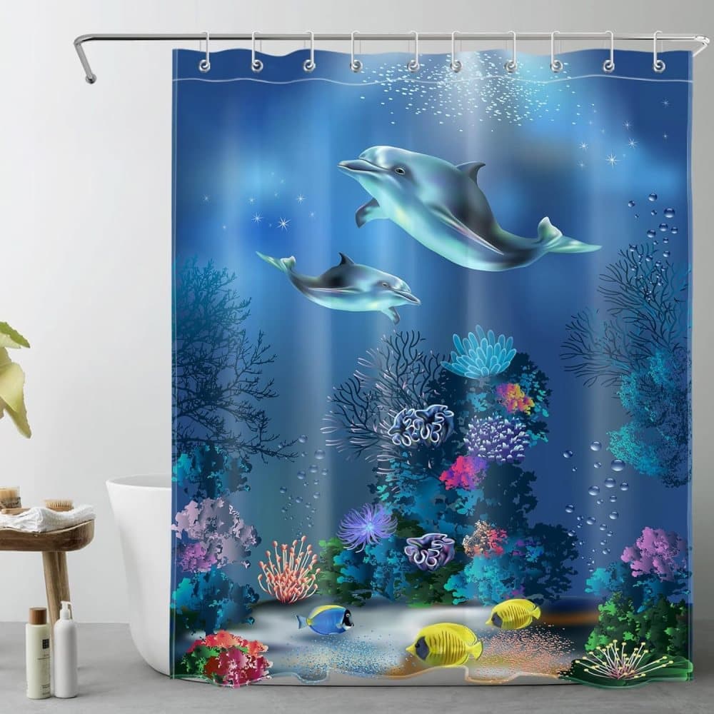 Waterproof Polyester Shower Curtain with Sea Turtle and Dolphin Motif, Mildew Resistant, Dark Blue, 180x200 cm - Image 1