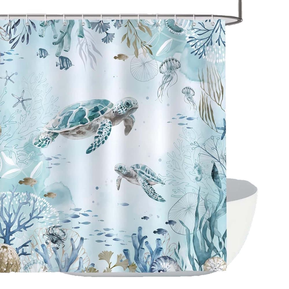 Waterproof Polyester Shower Curtain with Sea Turtle and Dolphin Motif, Mildew Resistant, Light Blue, 180x200 cm - Image 1