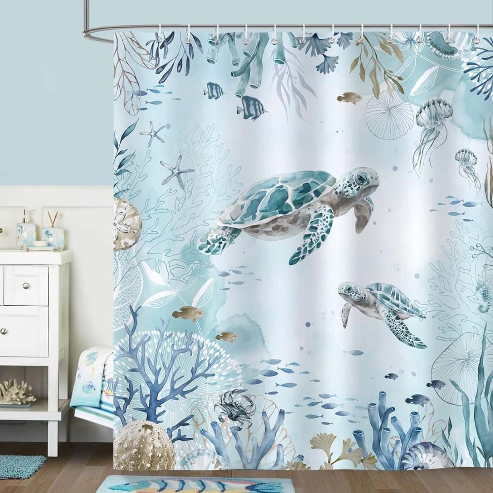 Waterproof Polyester Shower Curtain with Sea Turtle and Dolphin Design, Mildew Resistant, Light Blue, 180x180 cm - Image 5