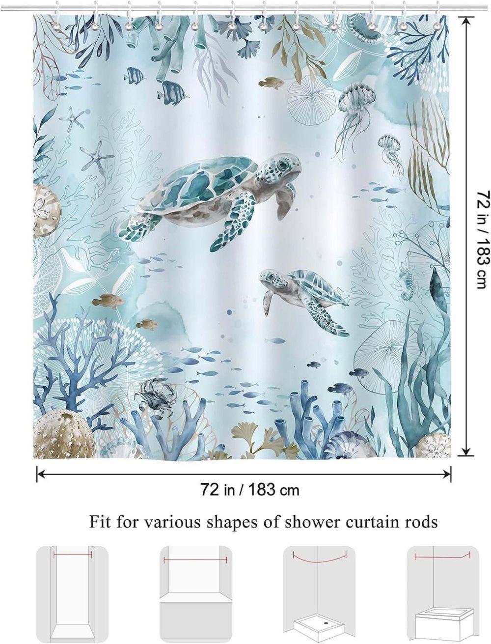 Waterproof Polyester Shower Curtain with Sea Turtle and Dolphin Design, Mildew Resistant, Light Blue, 180x180 cm - Image 6