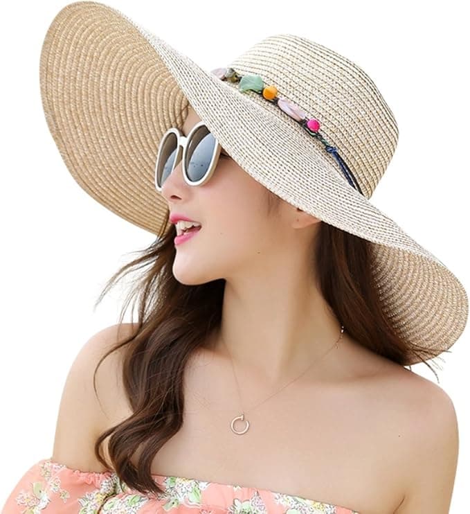 Women's Wide Brim Straw Hat UPF50+ Sun Protection Foldable Beach Hat for Summer, Beige - Image 1