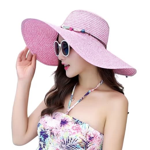 Foldable Straw Hat for Women UPF50+ Sun Protection Wide Brim, Pink, One Size - Image 1