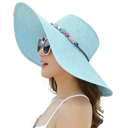Women's Wide Brim Straw Hat UPF50+ Sun Protection Foldable Beach Hat, Light Blue - Image 1