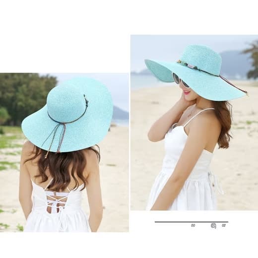 Women's Wide Brim Straw Hat UPF50+ Sun Protection Foldable Beach Hat, Light Blue - Image 3