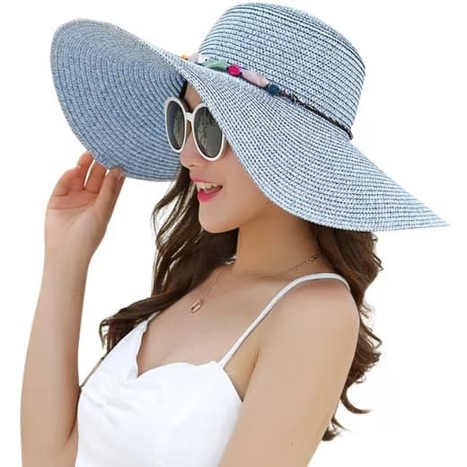 Foldable Straw Hat for Women UPF50+ Sun Protection Wide Brim, Blue, One Size - Image 1