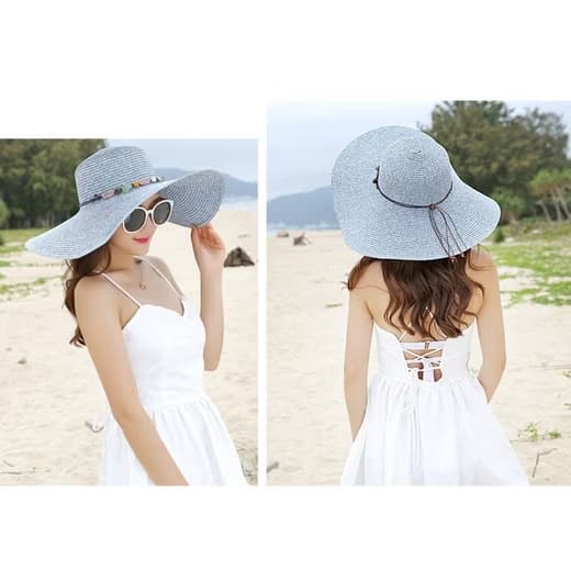Foldable Straw Hat for Women UPF50+ Sun Protection Wide Brim, Blue, One Size - Image 4