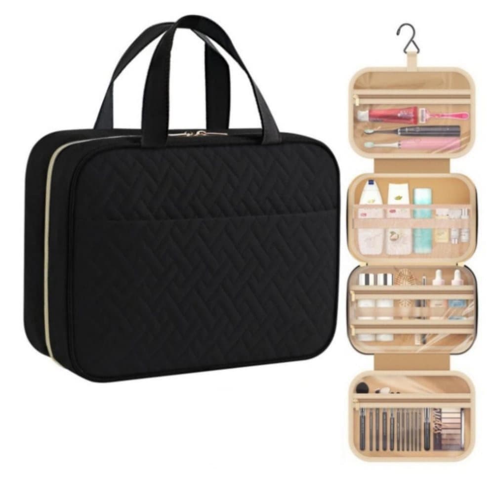Waterproof Makeup Bag with Hanging Hook, Lightweight Toiletry Bag for Bathroom and Travel, Black - Image 1