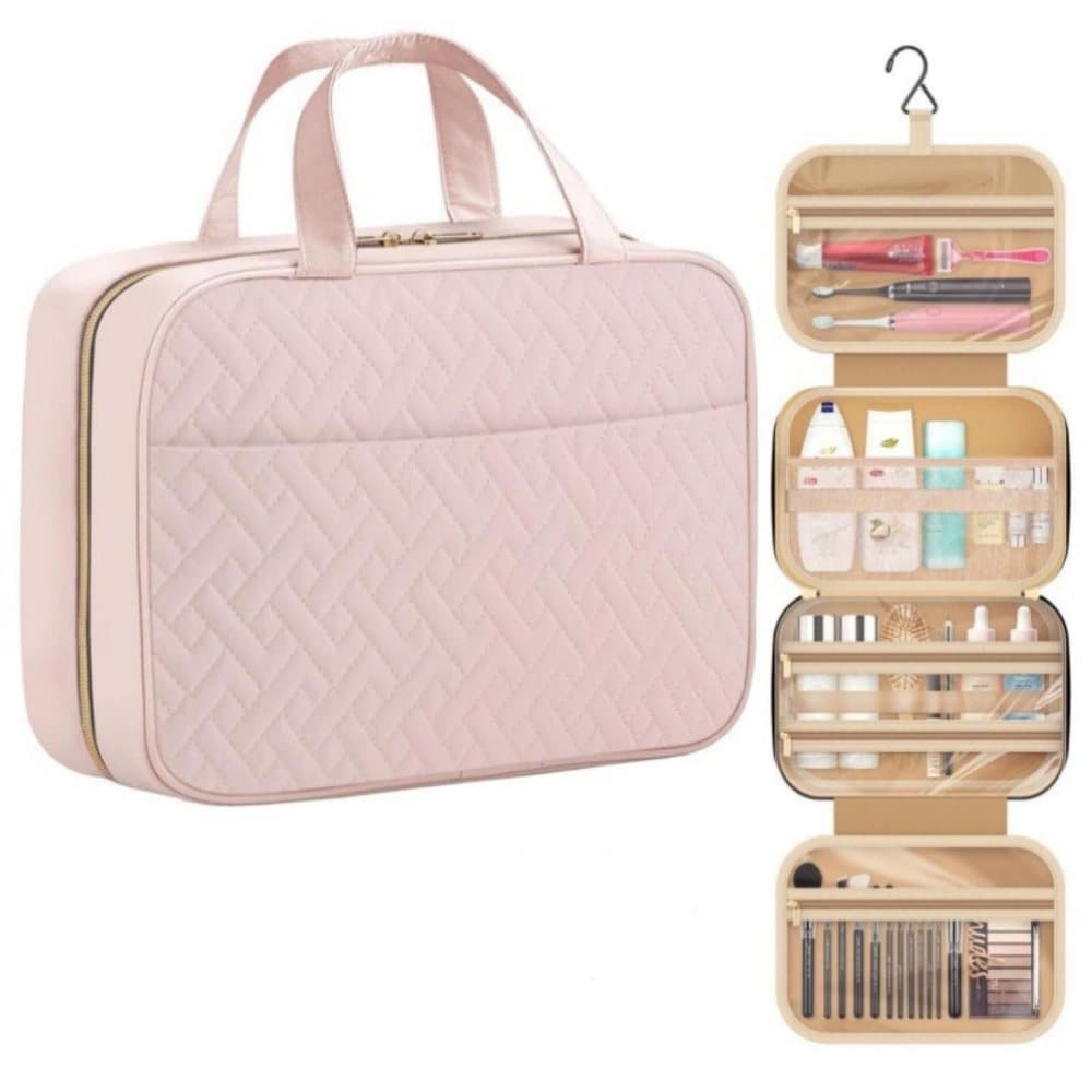 Waterproof Makeup Bag with Hanging Hook, Lightweight Toiletry Bag for Bathroom and Travel, Pink - Image 1