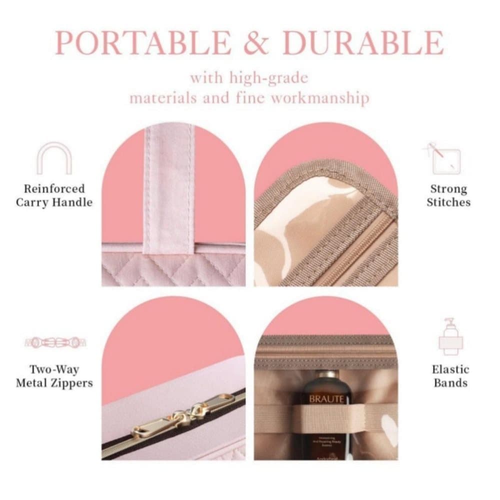 Waterproof Makeup Bag with Hanging Hook, Lightweight Toiletry Bag for Bathroom and Travel, Pink - Image 4