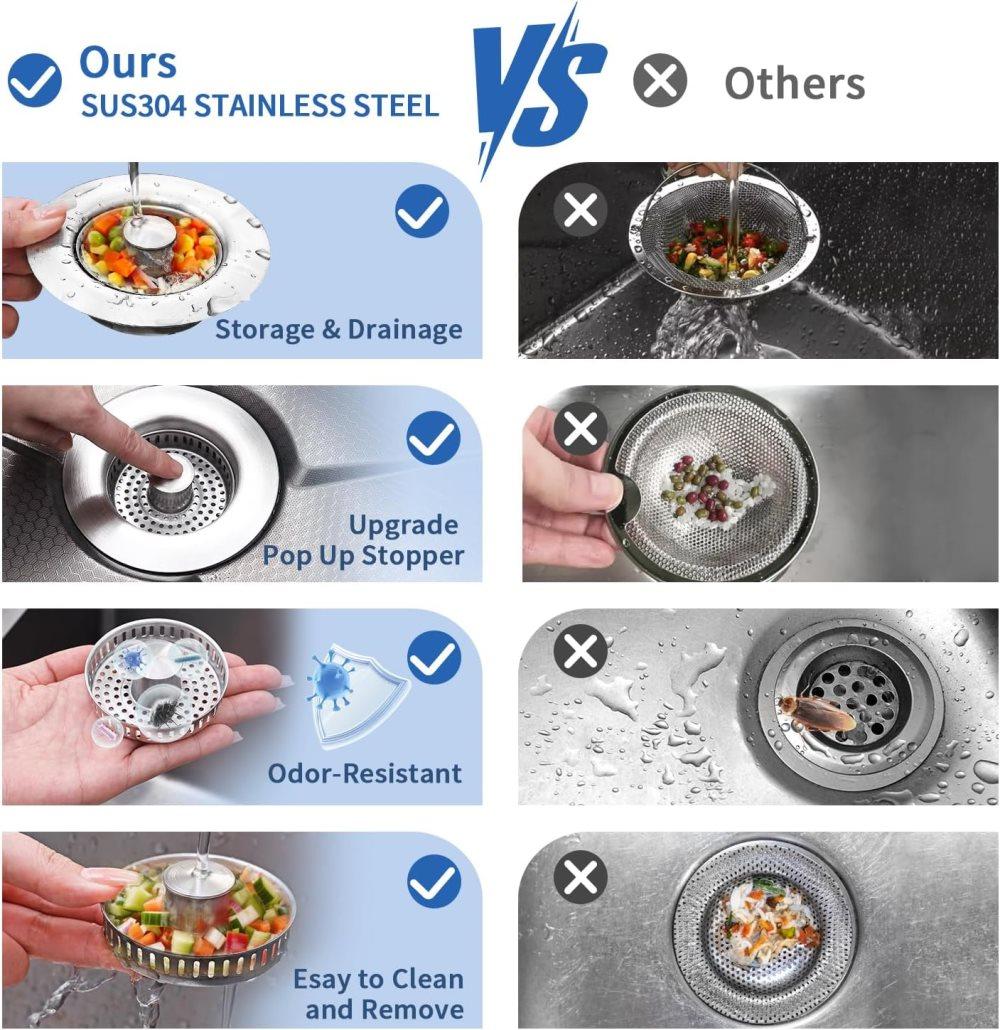 3-in-1 Stainless Steel Sink Strainer with Removable Basket, Easy to Clean Kitchen Strainer - Image 4