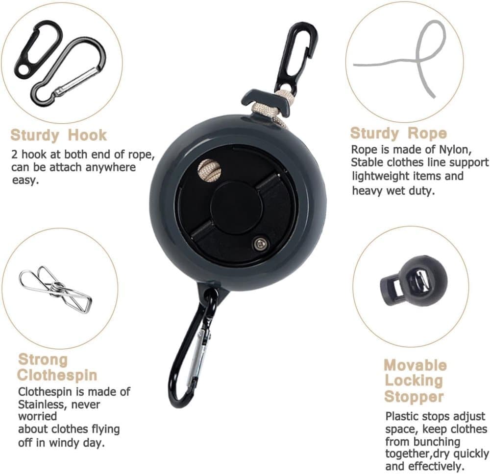 10m Retractable Clothesline, Portable for Indoors and Outdoors, Travel Camping Hotels Gardens, Black - Image 2