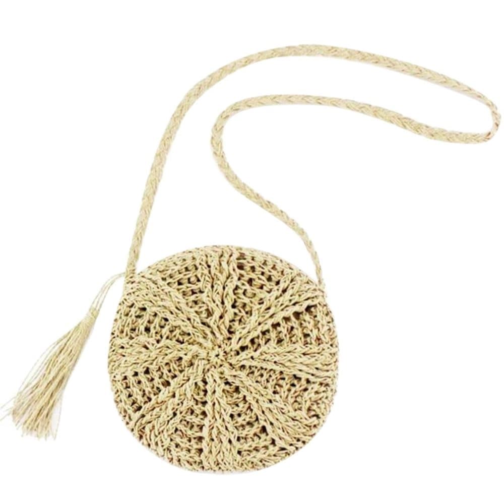 Retro style round straw beach bag, white, perfect for summer - Image 1