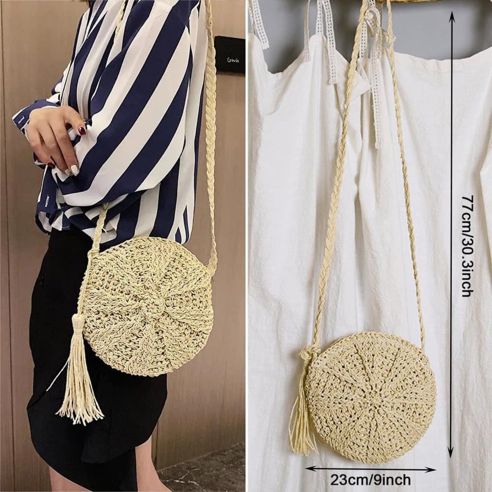 Retro style round straw beach bag, white, perfect for summer - Image 2