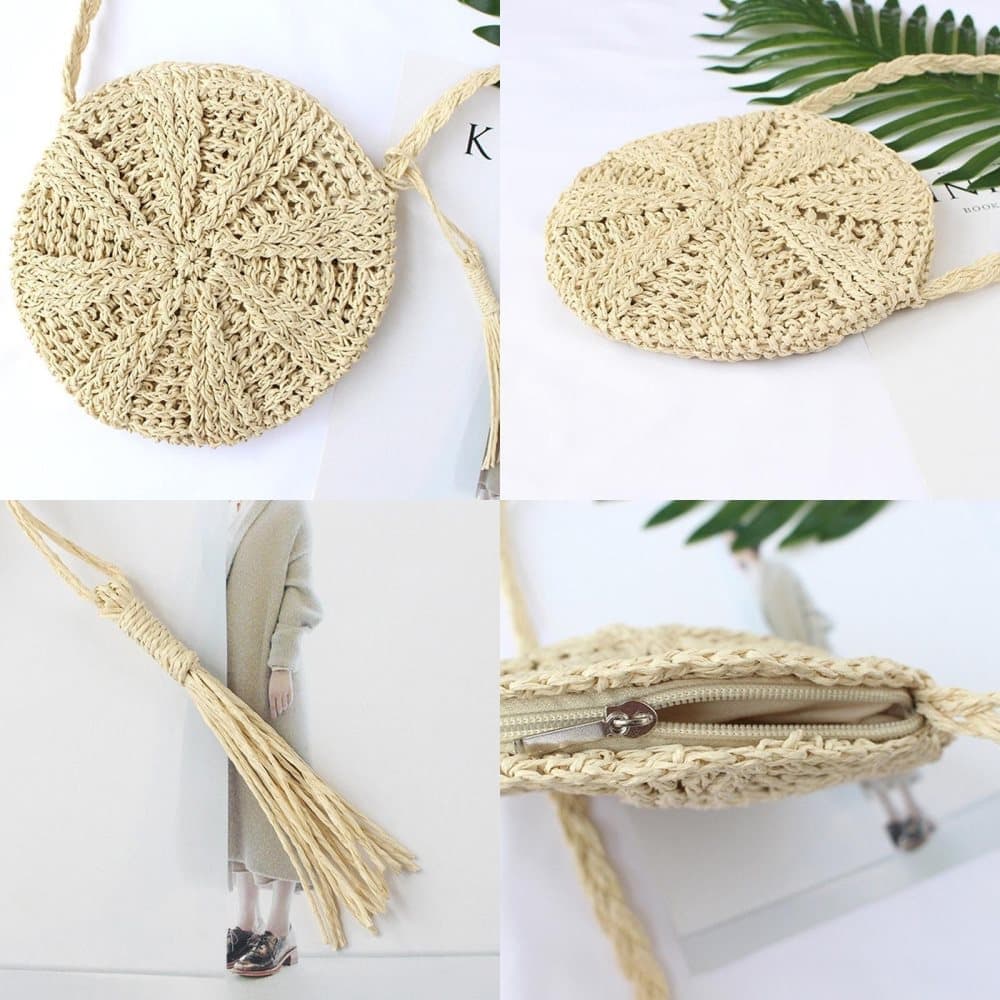 Retro style round straw beach bag, white, perfect for summer - Image 6