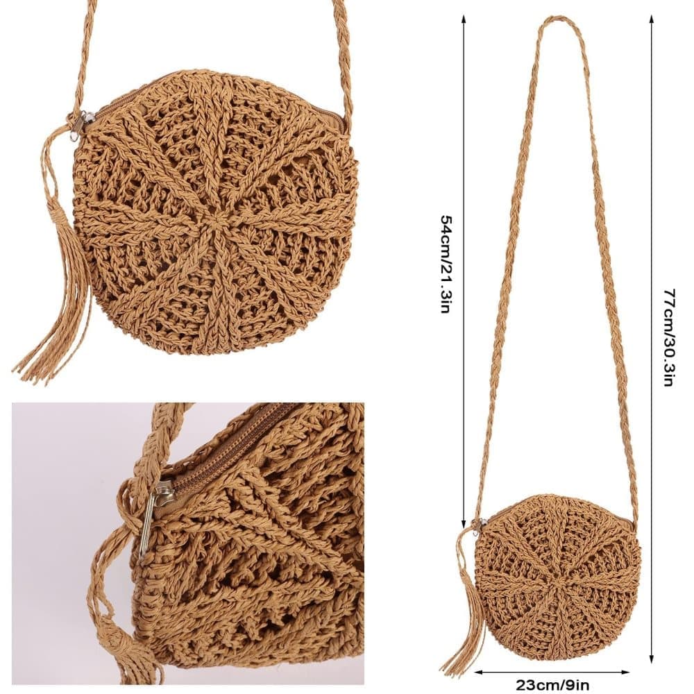 Retro style beach bag round shoulder straw bag for summer, brown, perfect for beach - Image 2