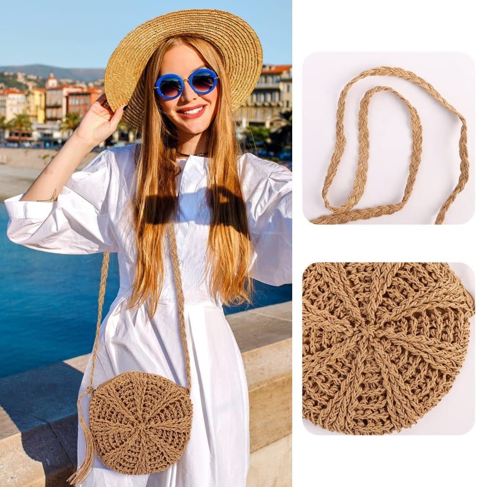 Retro style beach bag round shoulder straw bag for summer, brown, perfect for beach - Image 3