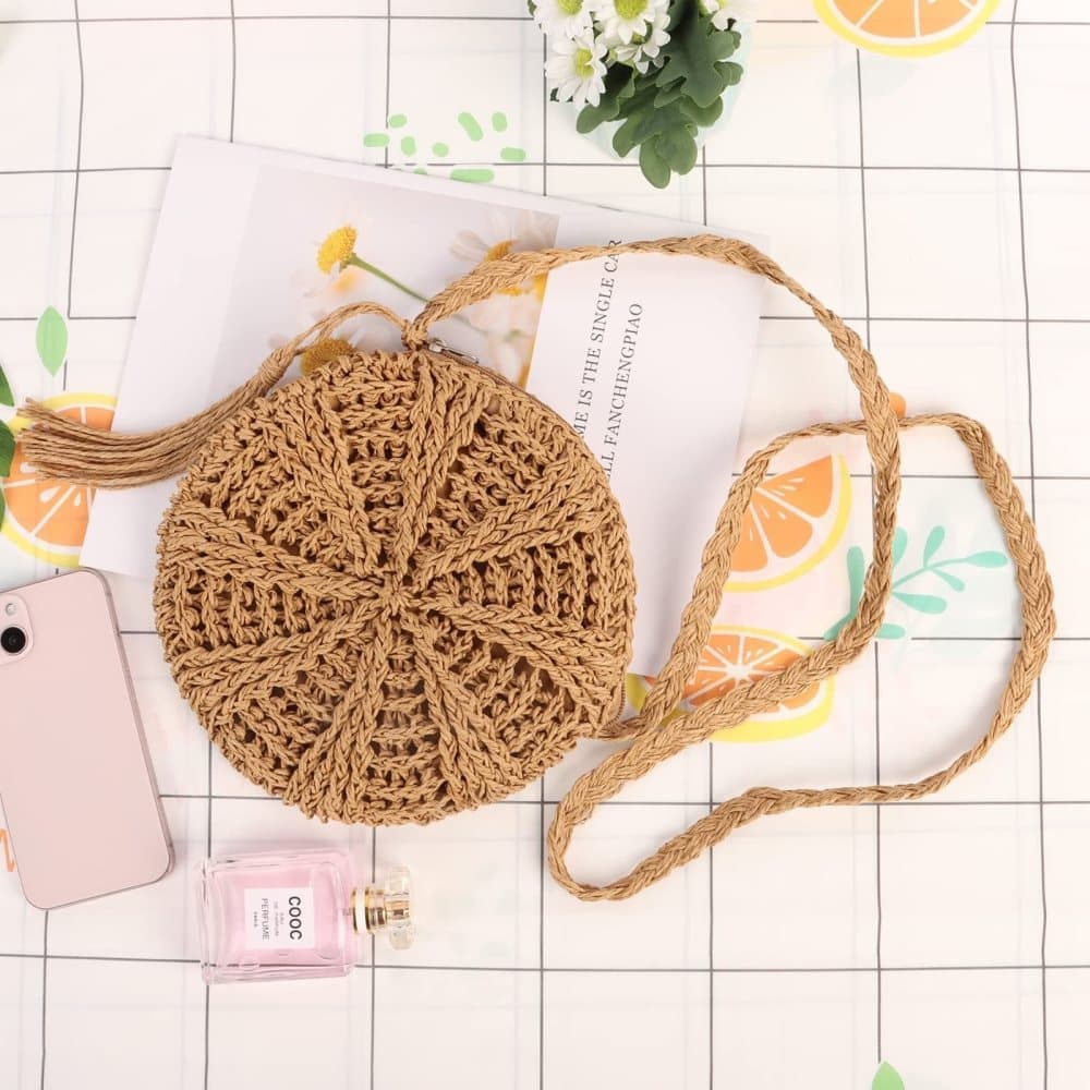 Retro style beach bag round shoulder straw bag for summer, brown, perfect for beach - Image 5