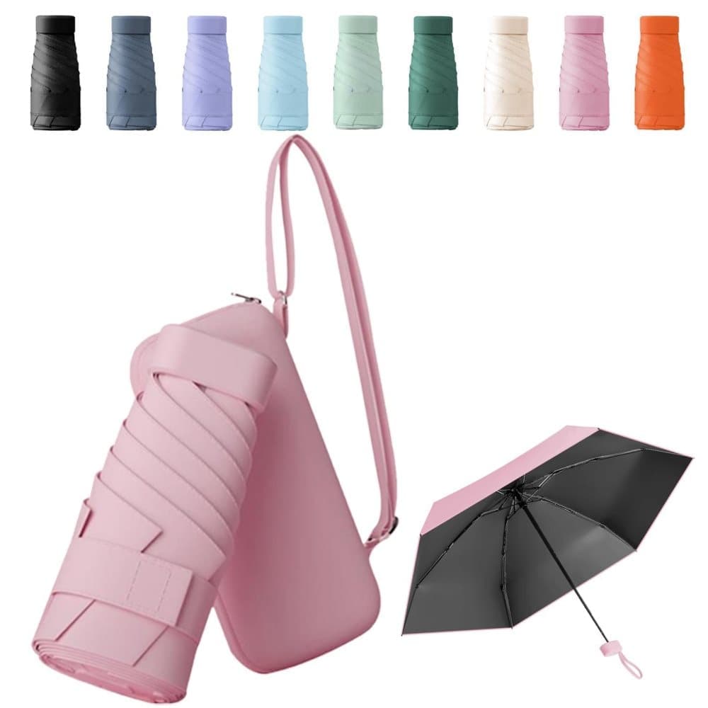Mini Folding Pocket Umbrella 6-Fold UV Protection for Sun and Rain with Storage Box, Pink - Image 1
