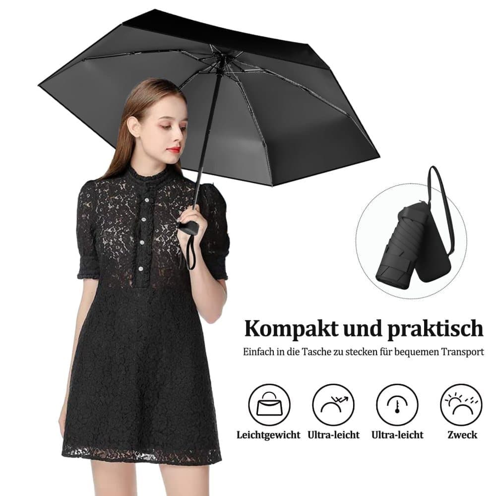 6-Fold Mini Umbrella with Storage Box, Ultralight Folding Pocket Umbrella for Sun and Rain UV Protection, Black - Image 2