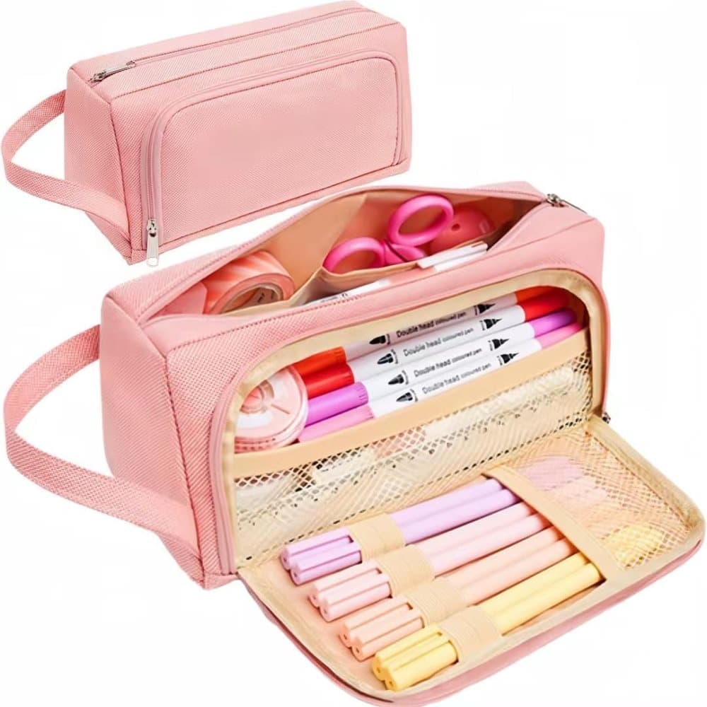 Large Capacity Pencil Case 4 Compartments, Pink/Green/Black, for School Travel Students - Image 1