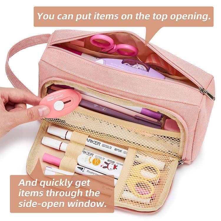 Large Capacity Pencil Case 4 Compartments, Pink/Green/Black, for School Travel Students - Image 2