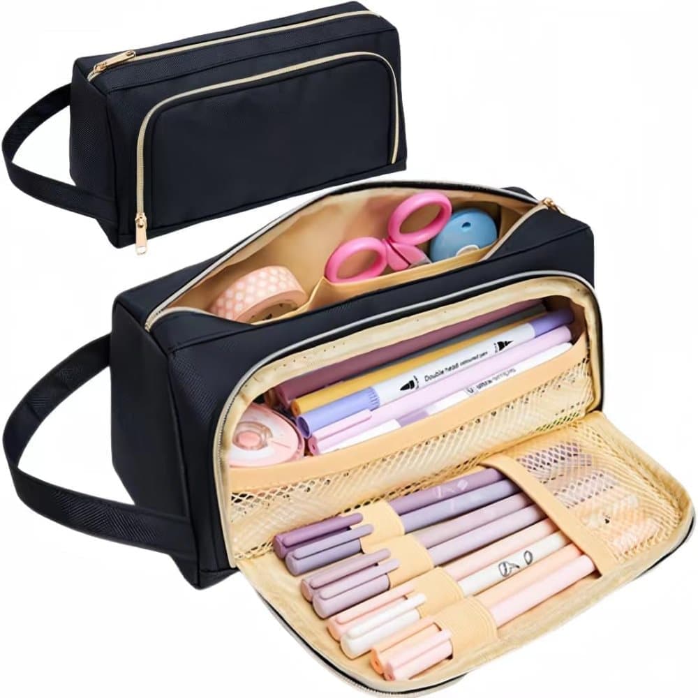 Large Capacity Pencil Case 4 Compartments, Black, Pink, Green, for School Travel, with 4 Compartments - Image 1