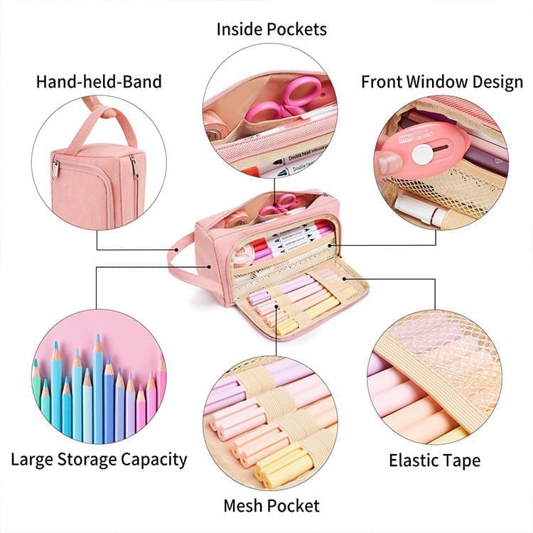 Large Capacity Pencil Case 4 Compartments, Black, Pink, Green, for School Travel, with 4 Compartments - Image 3