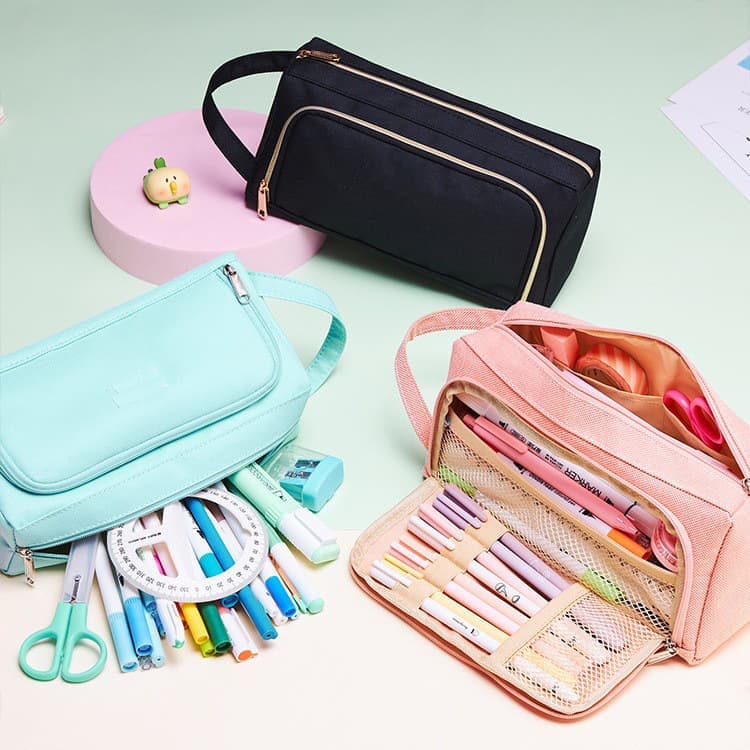 Large Capacity Pencil Case 4 Compartments, Black, Pink, Green, for School Travel, with 4 Compartments - Image 5