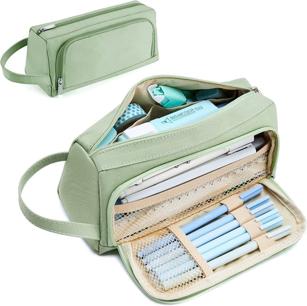 4 Compartments Large Capacity Pencil Case for School Students Travel, Green Pink Black, 9.8 x 5.5 inches - Image 1