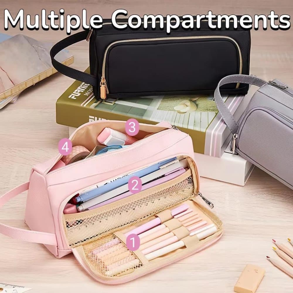 4 Compartments Large Capacity Pencil Case for School Students Travel, Green Pink Black, 9.8 x 5.5 inches - Image 5
