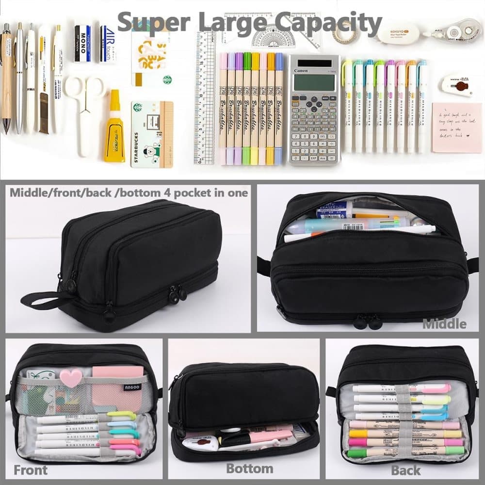 4 Compartments Multifunctional Pencil Case with Handle, Portable Pencil Bag, Black, Large - Image 2