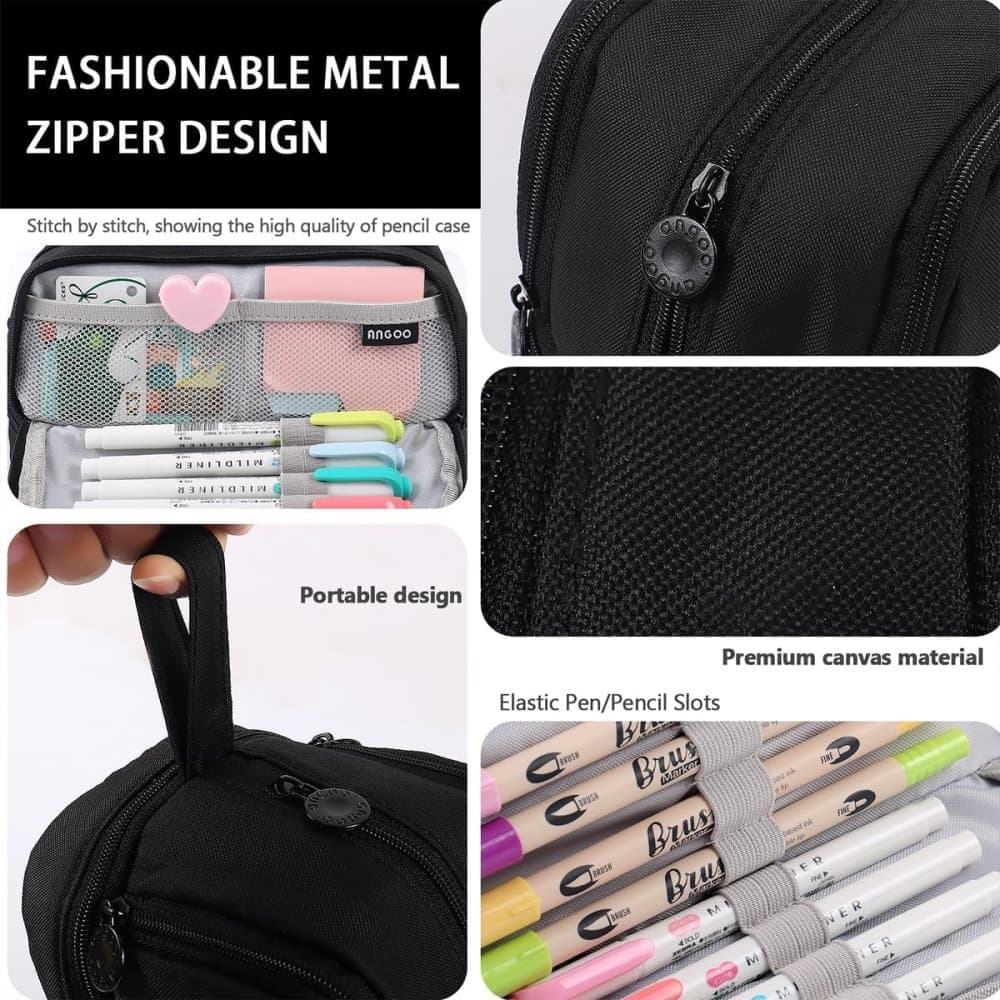 4 Compartments Multifunctional Pencil Case with Handle, Portable Pencil Bag, Black, Large - Image 3