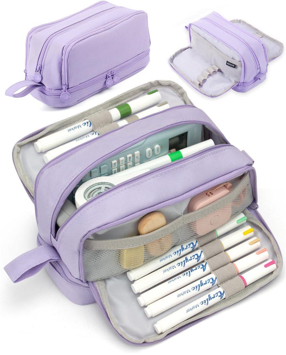 Large Pencil Case with 4 Compartments, Portable Multifunctional Pencil Bag with Handle, Purple - Image 1