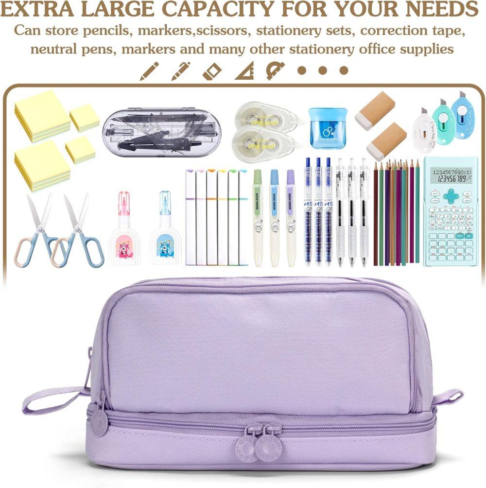 Large Pencil Case with 4 Compartments, Portable Multifunctional Pencil Bag with Handle, Purple - Image 2