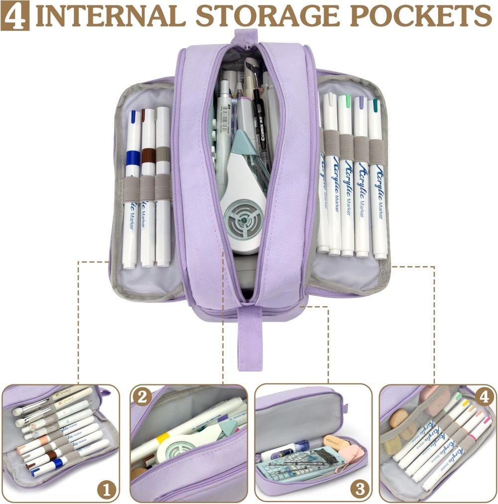 Large Pencil Case with 4 Compartments, Portable Multifunctional Pencil Bag with Handle, Purple - Image 3